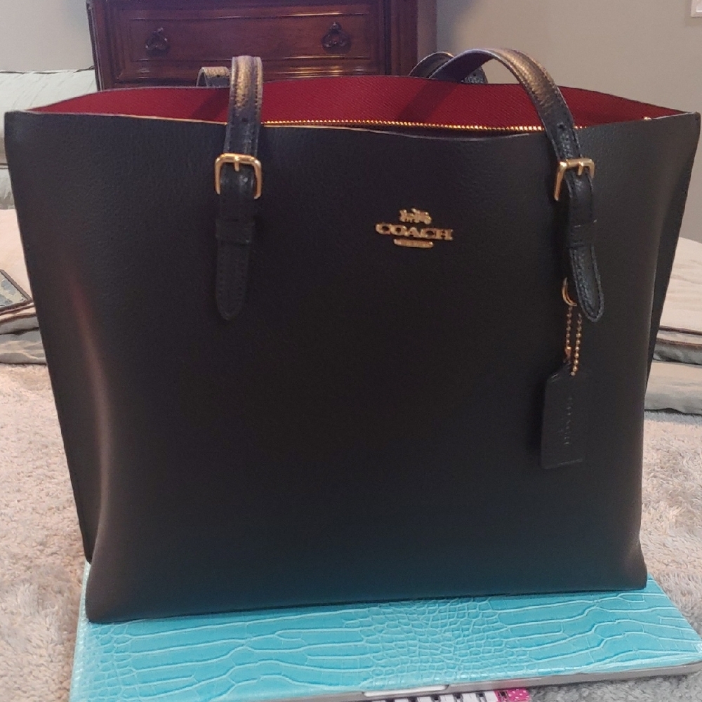 Coach Black Leather Tote with Red Accents